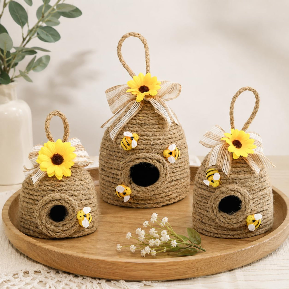 Close-up of bees and sunflowers from the Nuvagiki hive decor.
