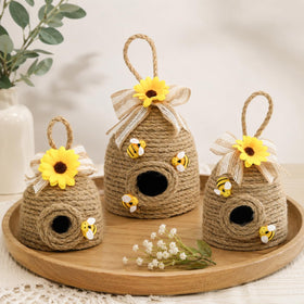 Close-up of bees and sunflowers from the Nuvagiki hive decor.