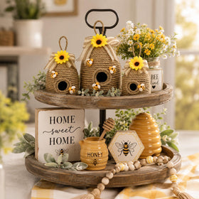 Nuvagiki bee hive decor shown on mantel for seasonal charm.