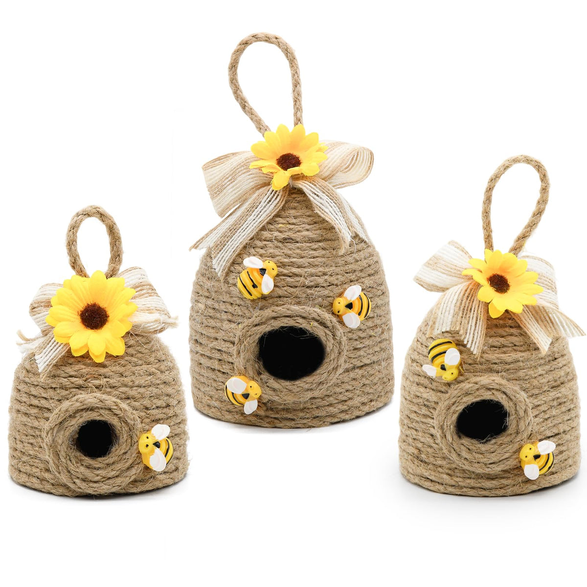 Nuvagiki bee hive decor trio with sunflowers for spring display.