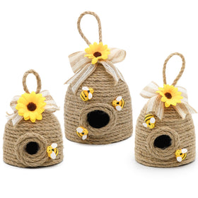 Nuvagiki bee hive decor trio with sunflowers for spring display.