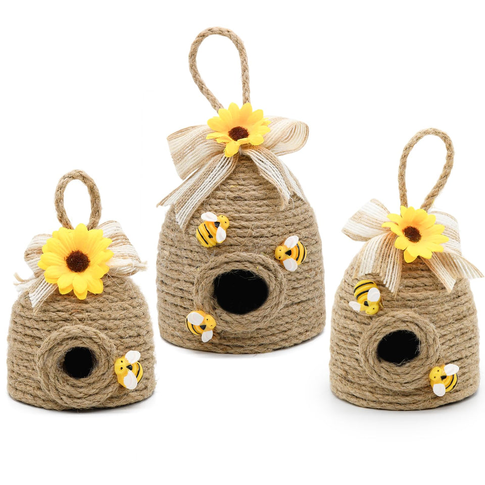 Nuvagiki bee hive decor trio with sunflowers for spring display.