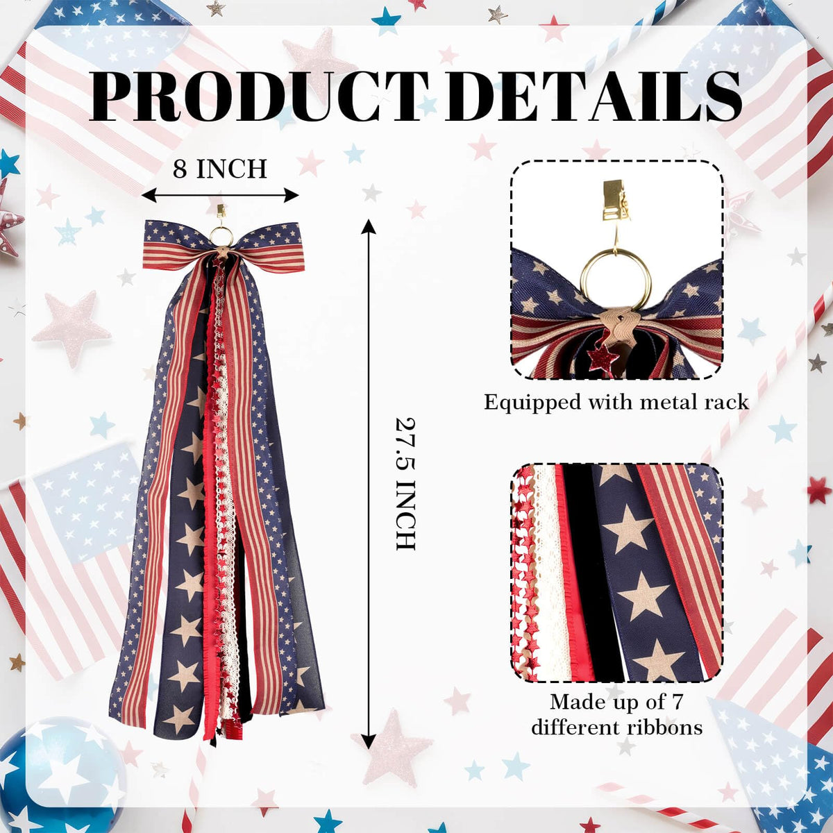 NUVCELKA eight-ribbon layers create depth with stars, stripes, and burlap accents