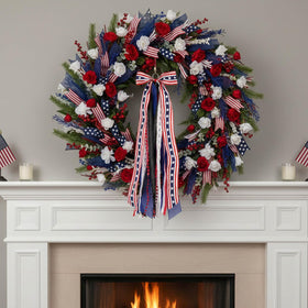 NUVCELKA door display setup shows the large bow on a wreath ready to install