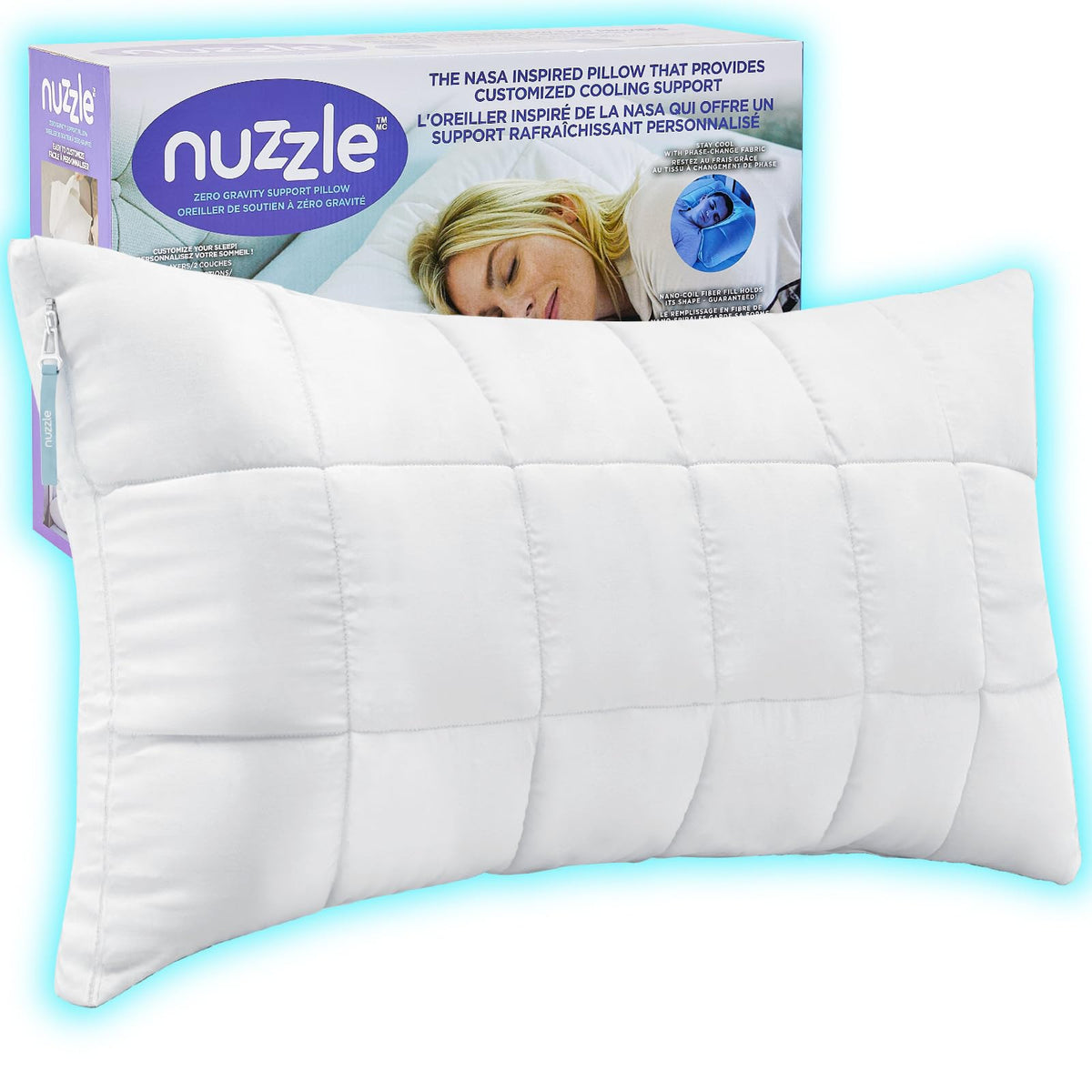 Nuzzle adjustable pillow close-up shows plush shell for cooling, breathable comfort.