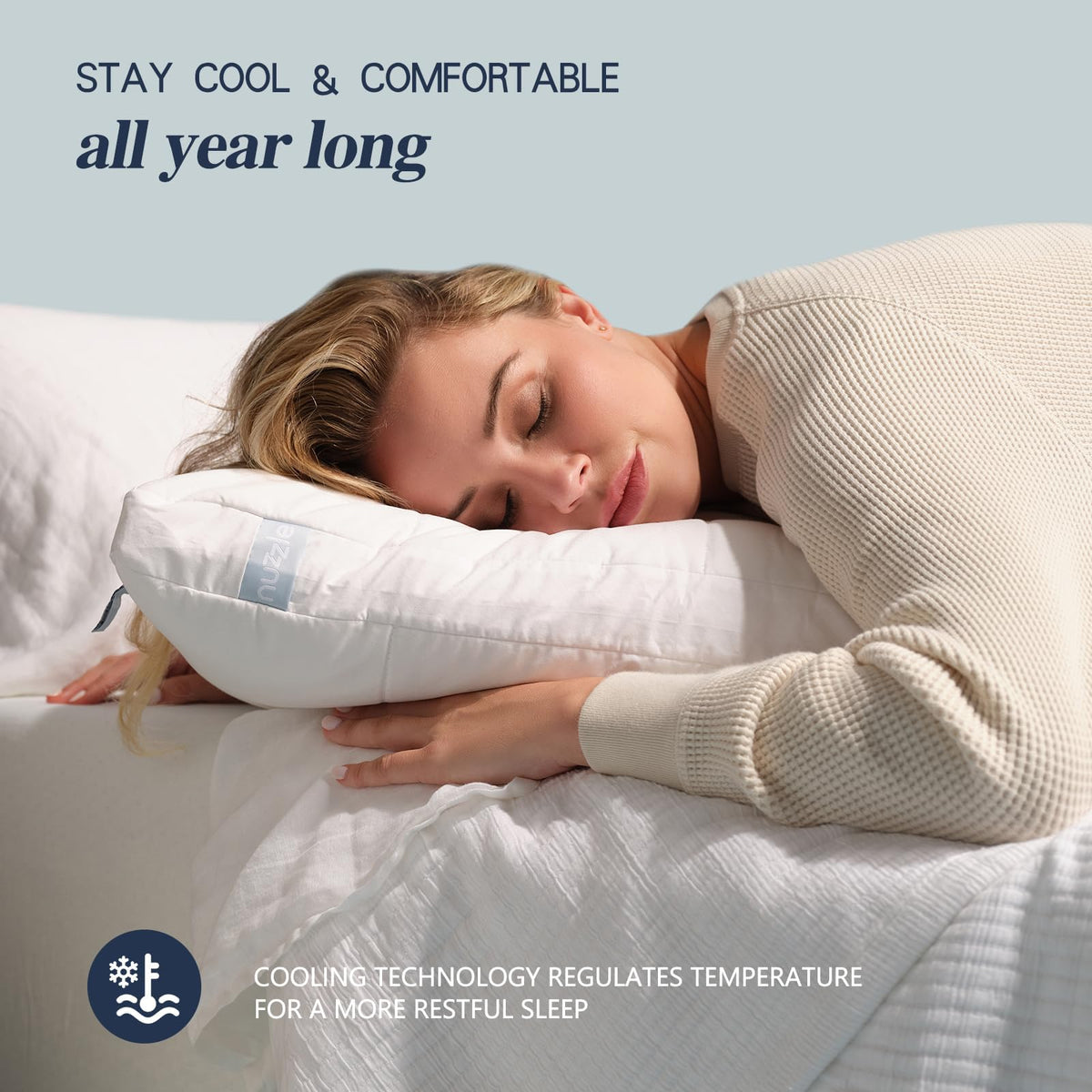 Nuzzle breathable soft fabric enhances nightly comfort and temperature regulation.