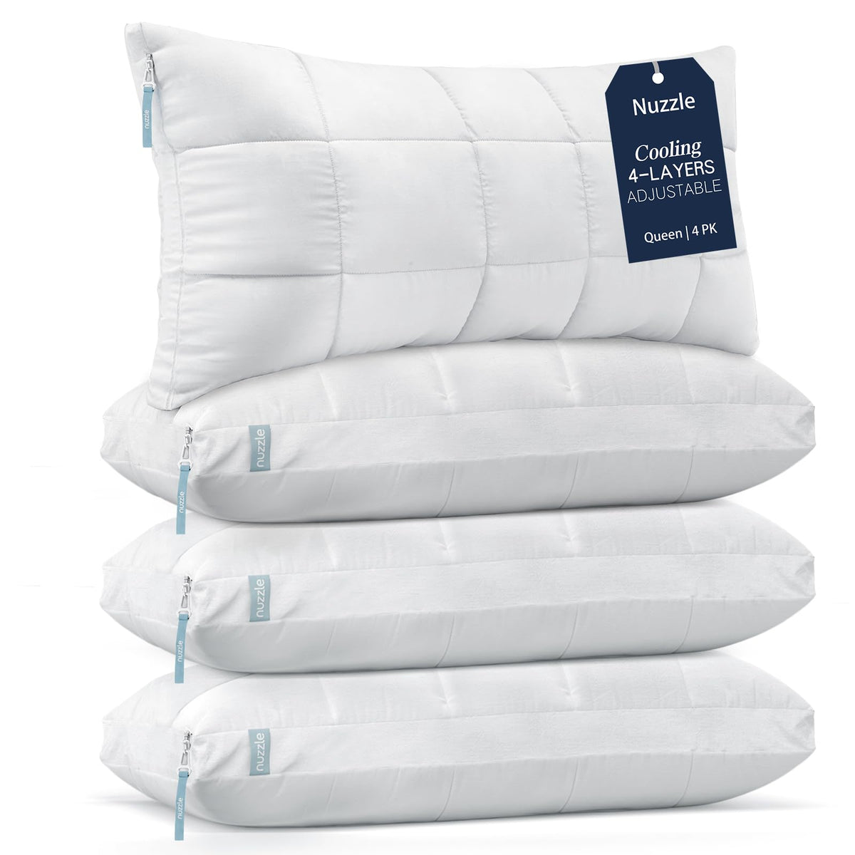 Nuzzle Pillows Queen Set with adjustable layers for back, stomach, and side sleepers.
