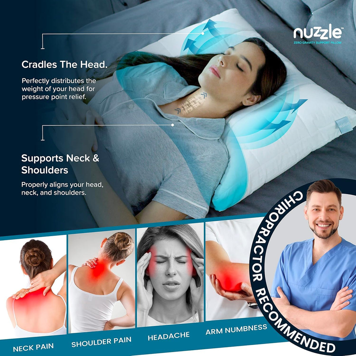Nuzzle soft shell breathable cover highlights cooling and skin-friendly comfort.