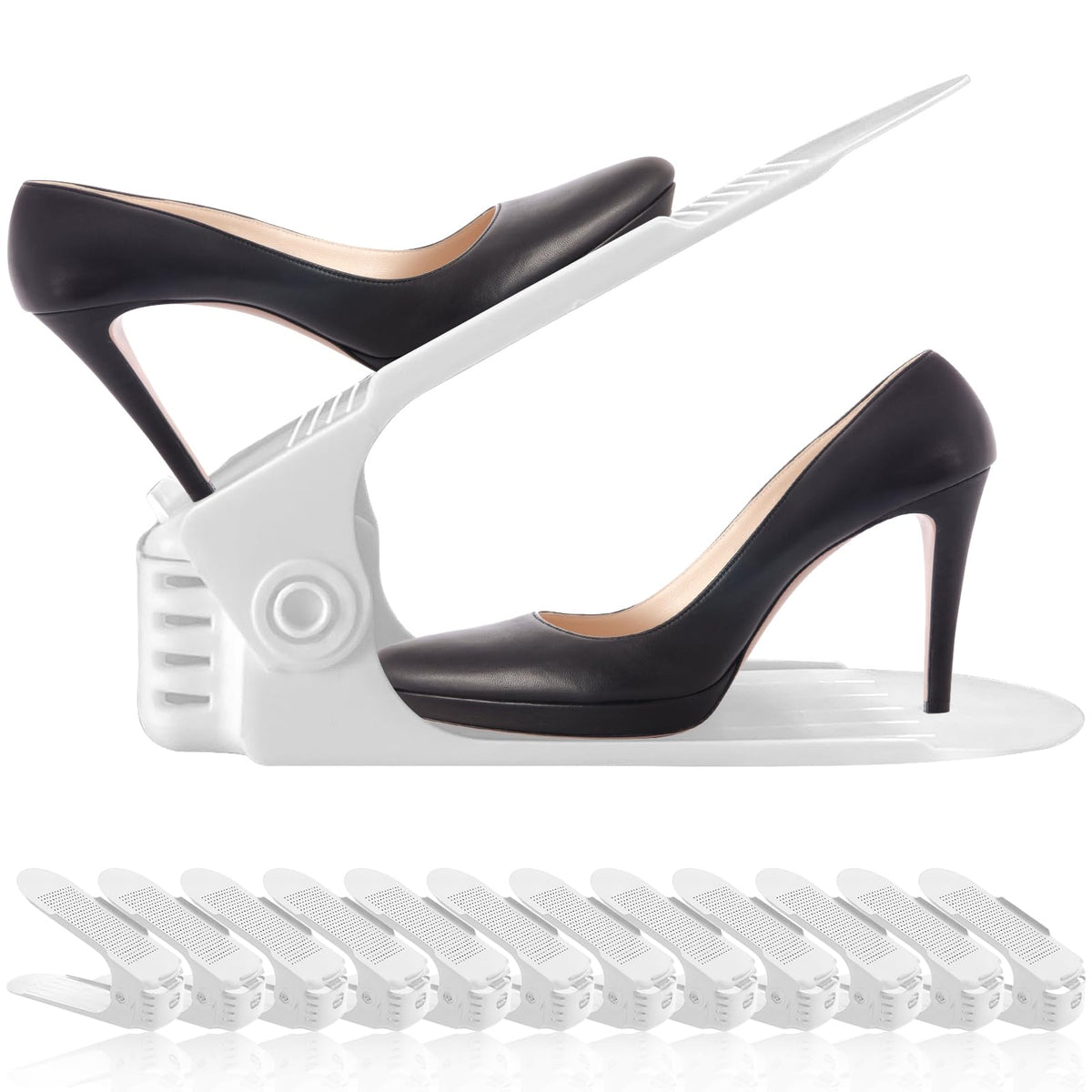NVGSN shoe slots organizer in white showing two shoes per footprint for space saving