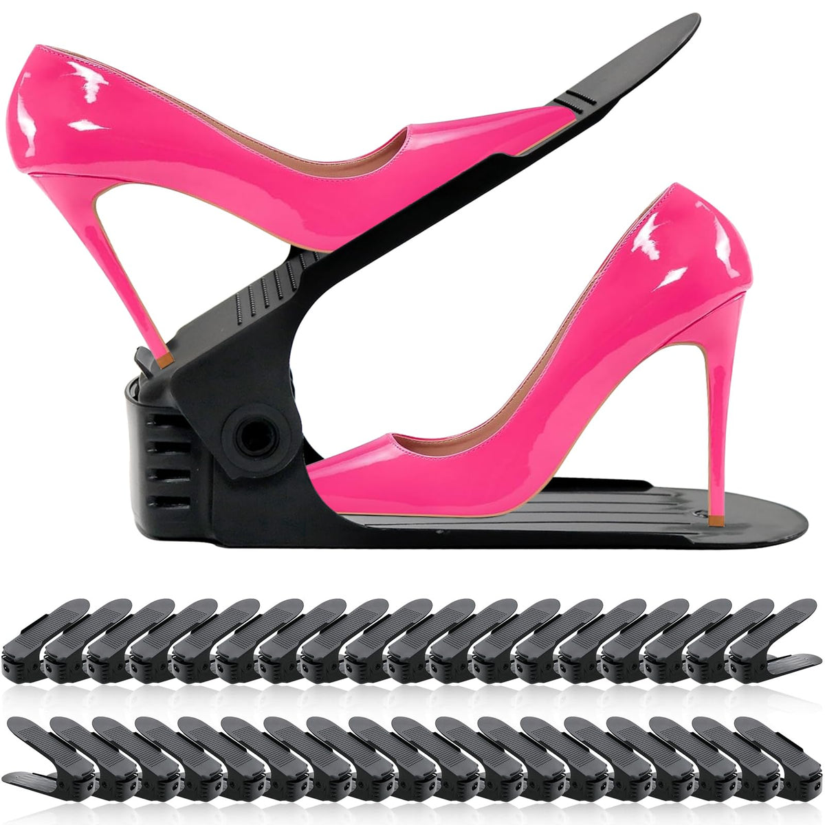 NVGSN Shoe Slots Organizer showing a four-level double-layer design for space saving and easy access