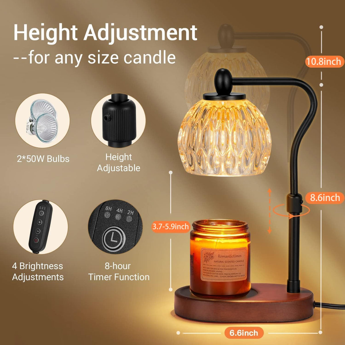 NVRGIUP Candle Lamp showing height adjustment feature for melt control.