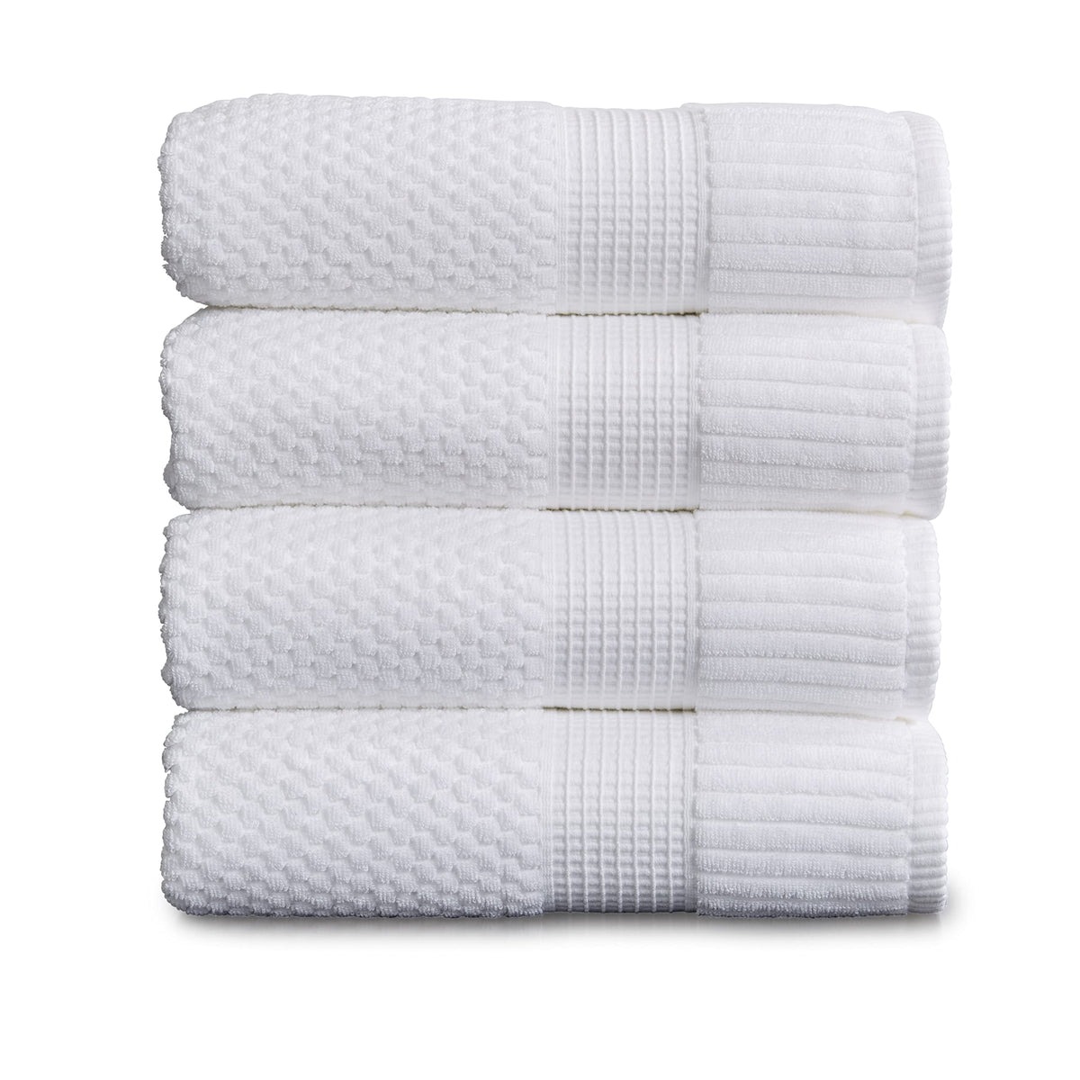 NY Loft Trinity white towels folded to show generous 30x52 size and plush texture.
