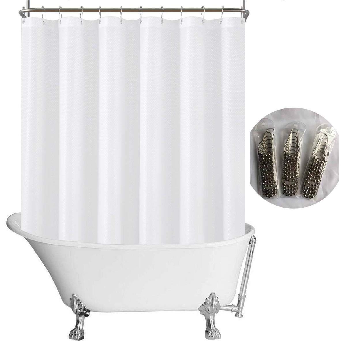 N&Y HOME fabric clawfoot curtain front view with diamond white pattern, premium bath aesthetic