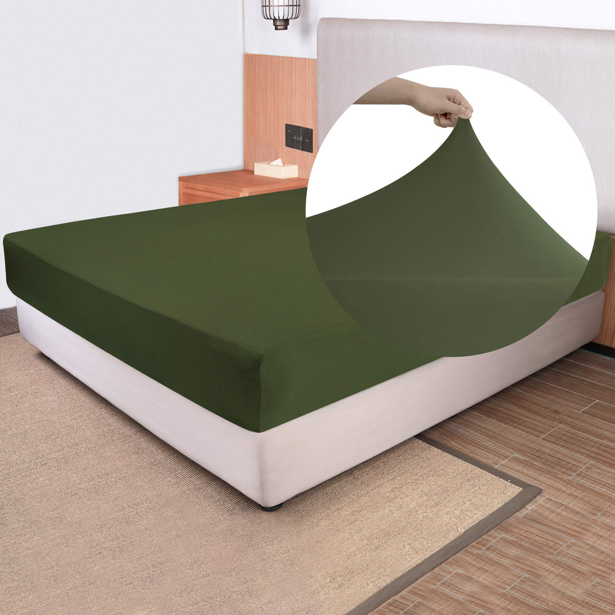 Nyhome soft stretch king fitted sheet in dark olive on bed offers secure, wrinkle-free sleep.