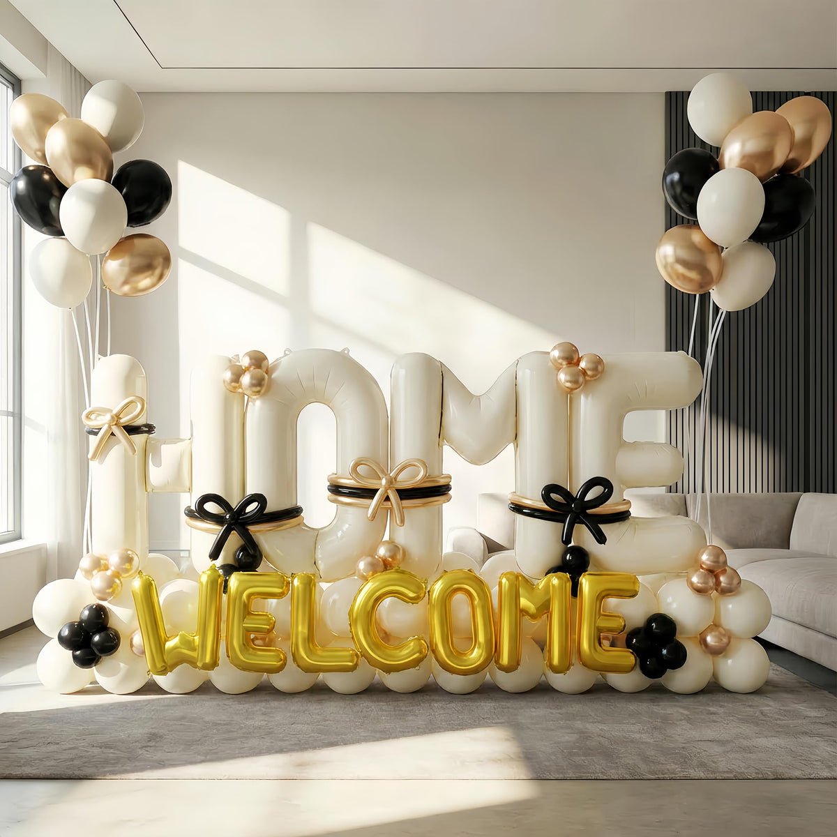 Nyvrexo 40-inch beige HOME foil banner for an elegant welcome display.