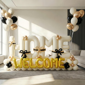 Nyvrexo 40-inch beige HOME foil banner for an elegant welcome display.
