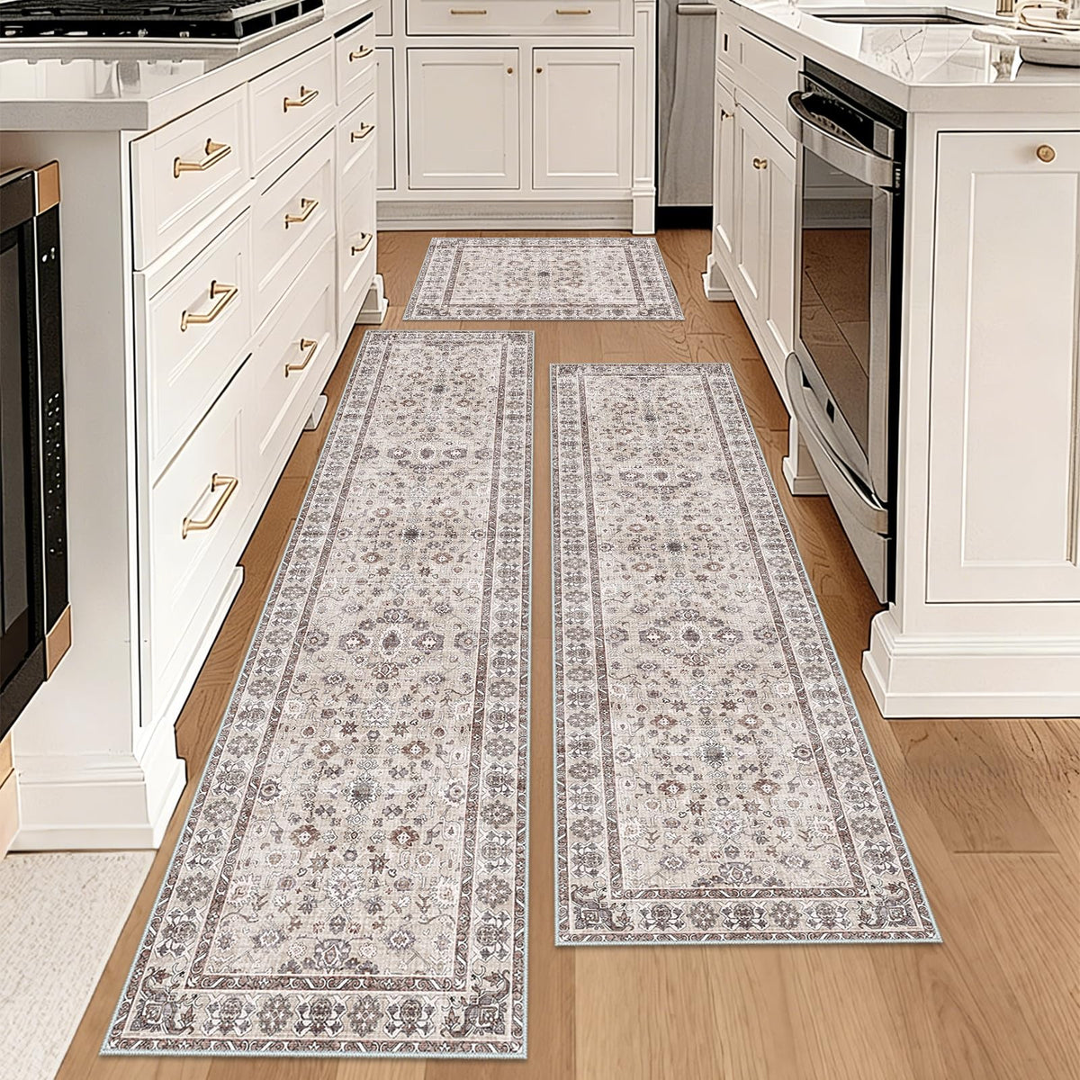 NYZEL rug with non-slip backing stays in place on hardwood.