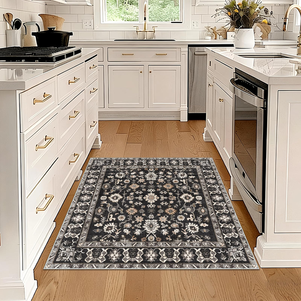 NYZEL washable 3x3 rug by bed offers soft underfoot comfort for a low-pile space.