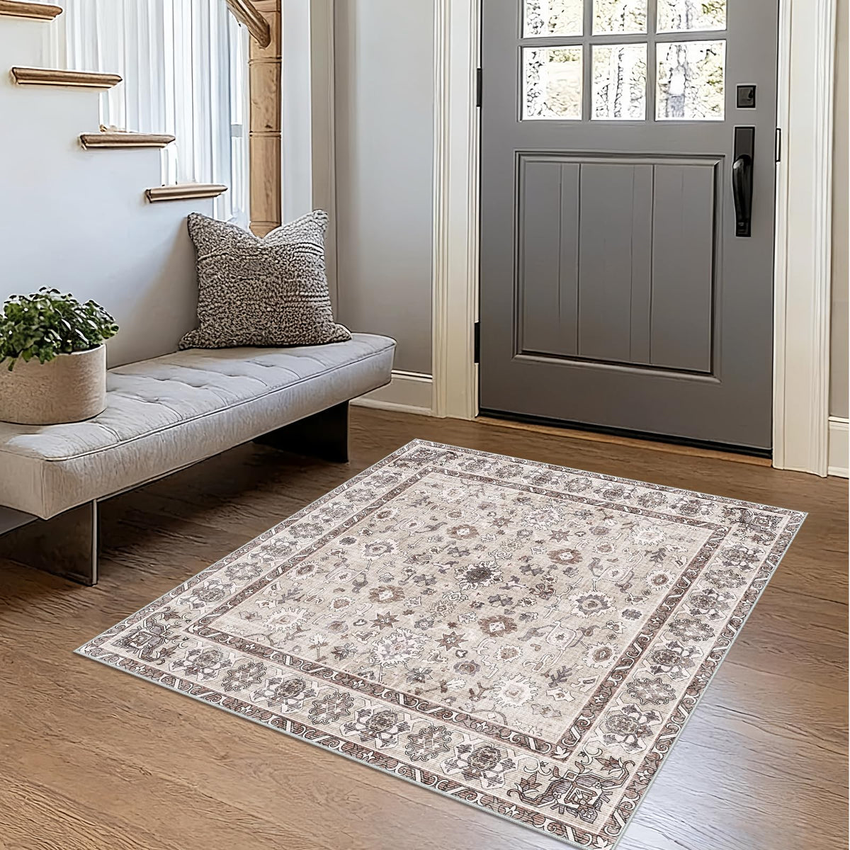 NYZEL washable 3x3 square rug for entryways with non-slip protection on wood floors.