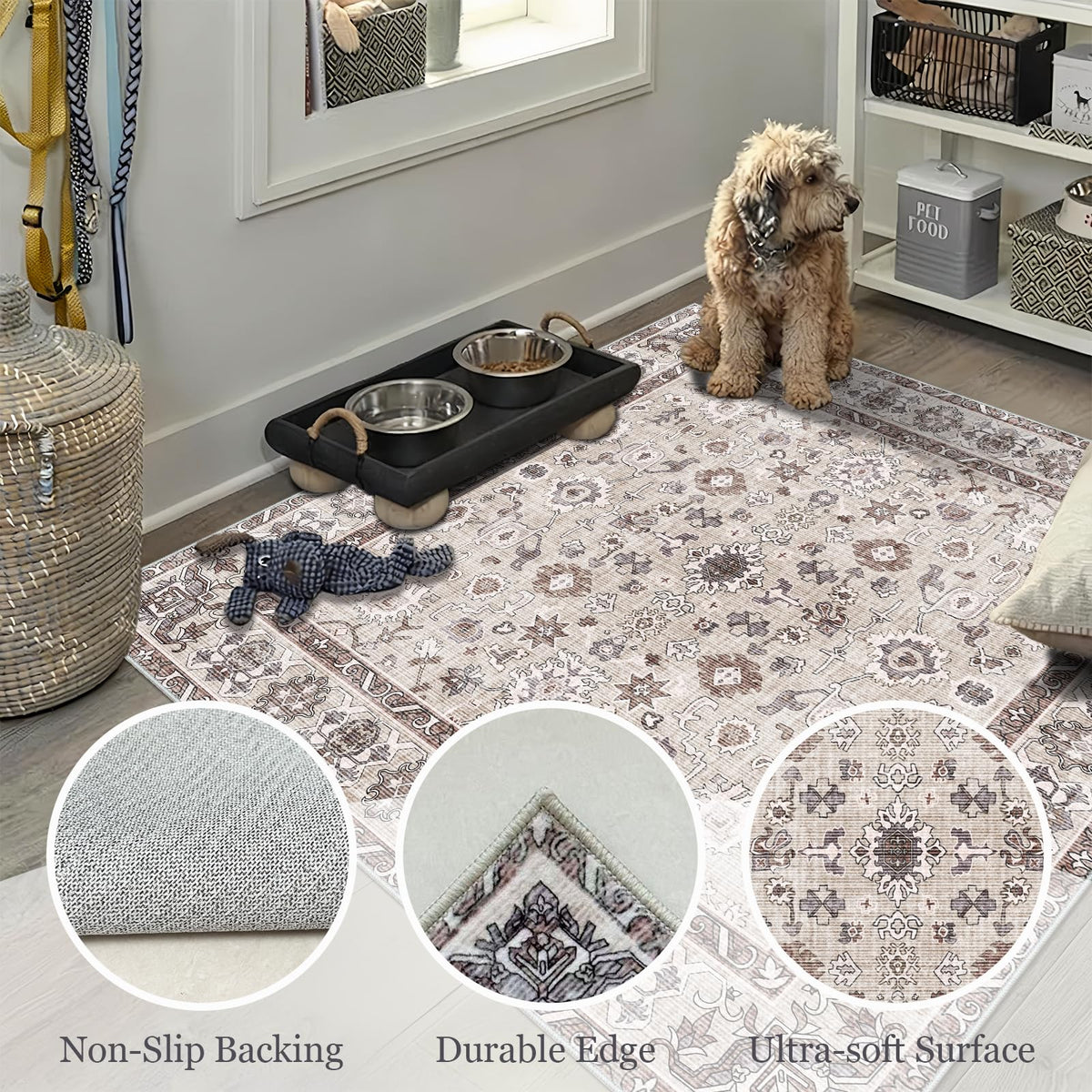 NYZEL floral farmhouse beige rug adds warm texture to the kitchen.
