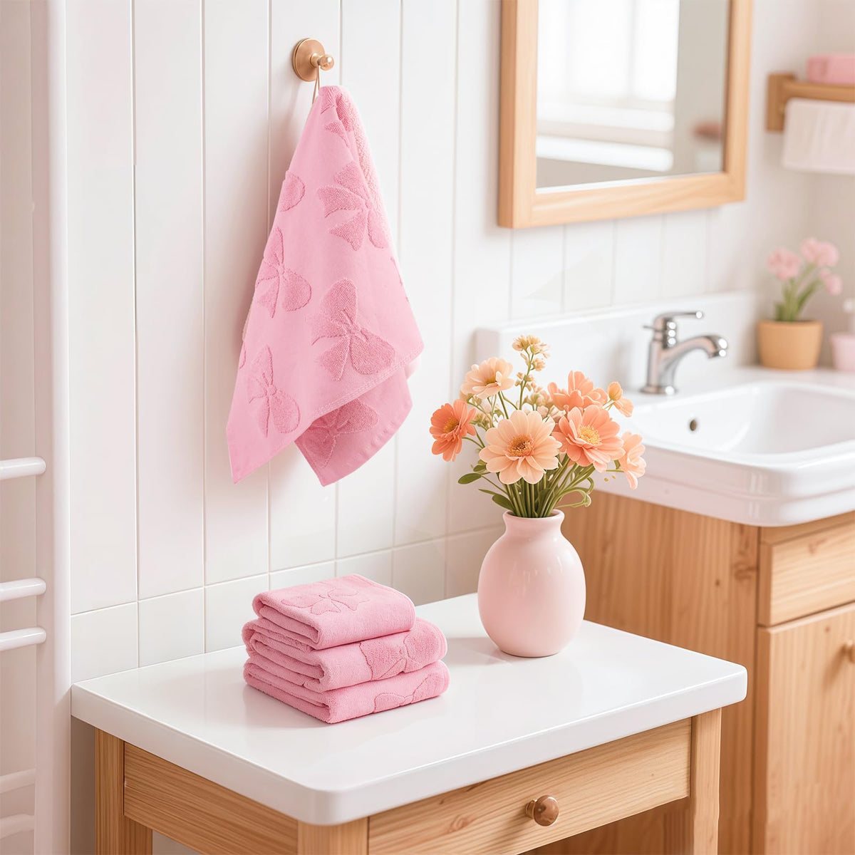 Towels draped in a bathroom setting showing absorbency and lightweight feel.