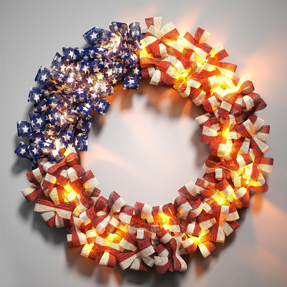 Nztze Patriotic Wreath on front door with stars and stripes for curb appeal