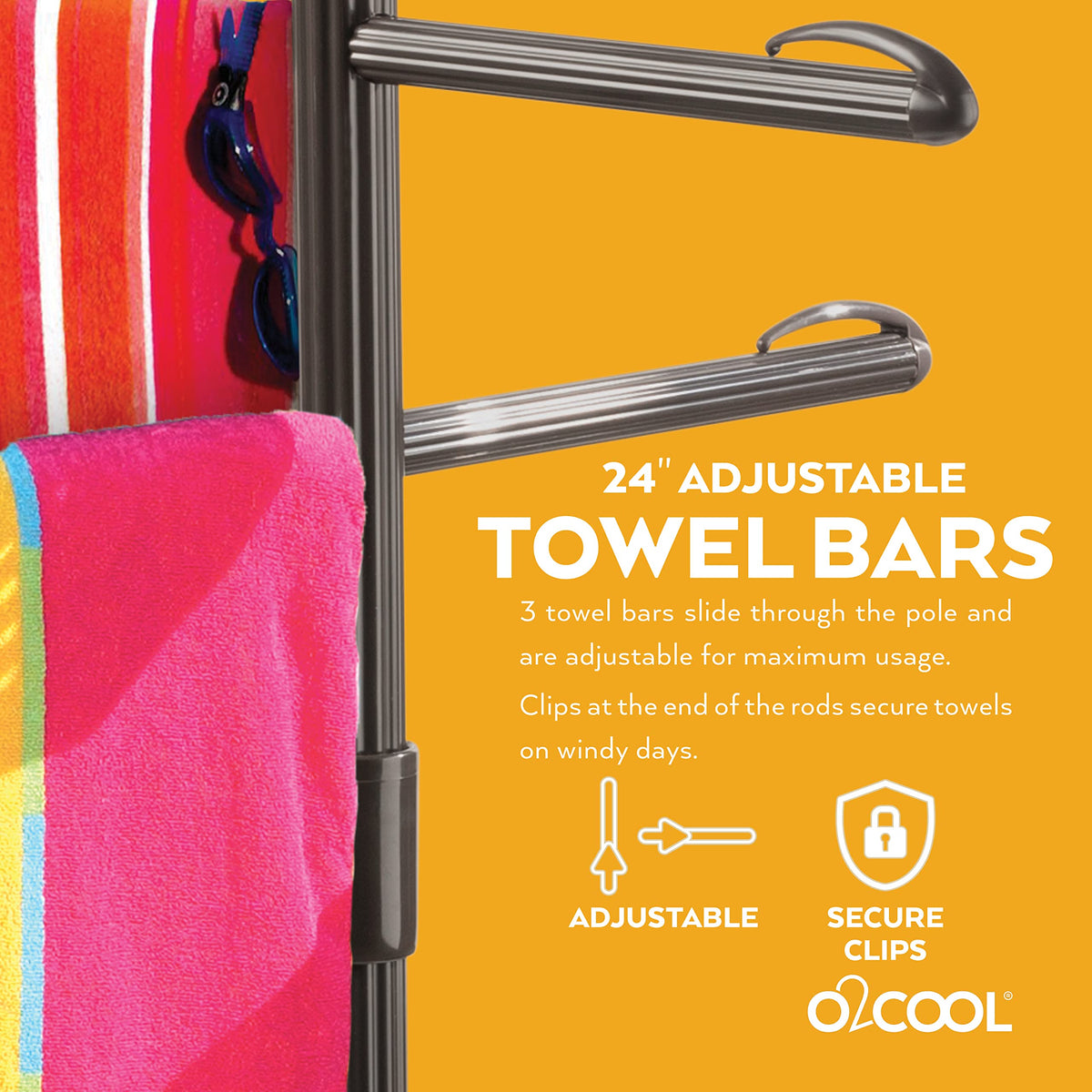 O2COOL Pool & Spa Valet swivel table holds sunscreen, drinks, or essentials.