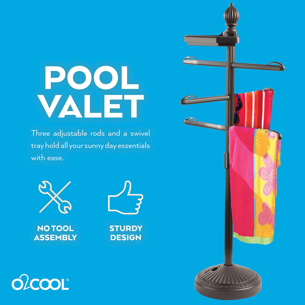 O2COOL Pool & Spa Valet towel clips secure towels for neat drying.