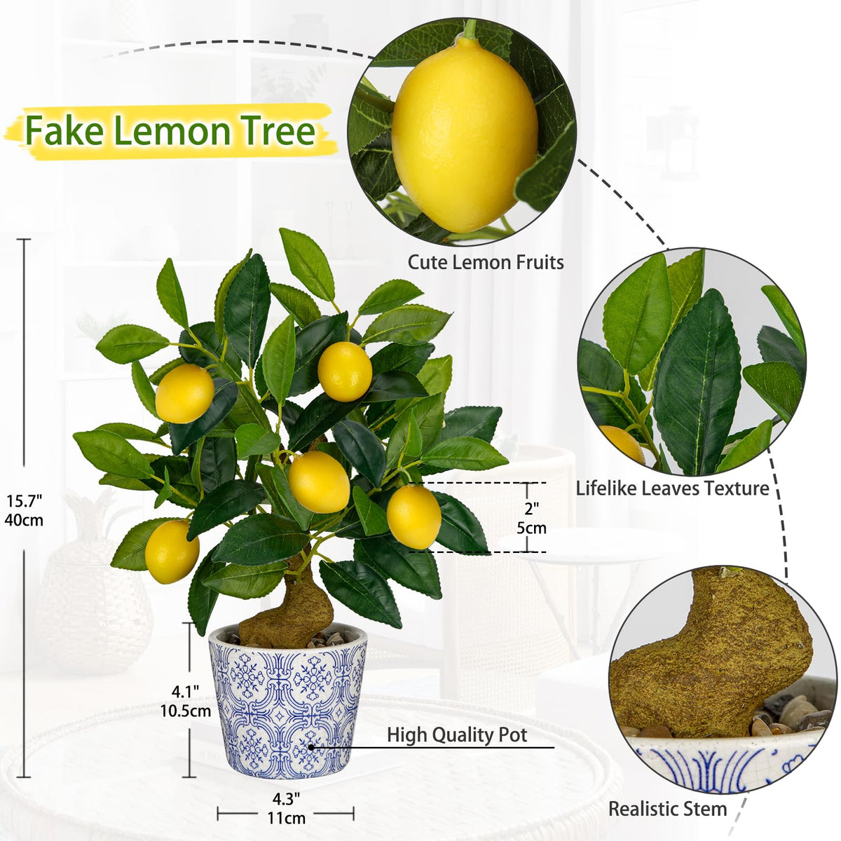 Oairse Lemon Tree in blue white pot placed on a desk for workspace freshness