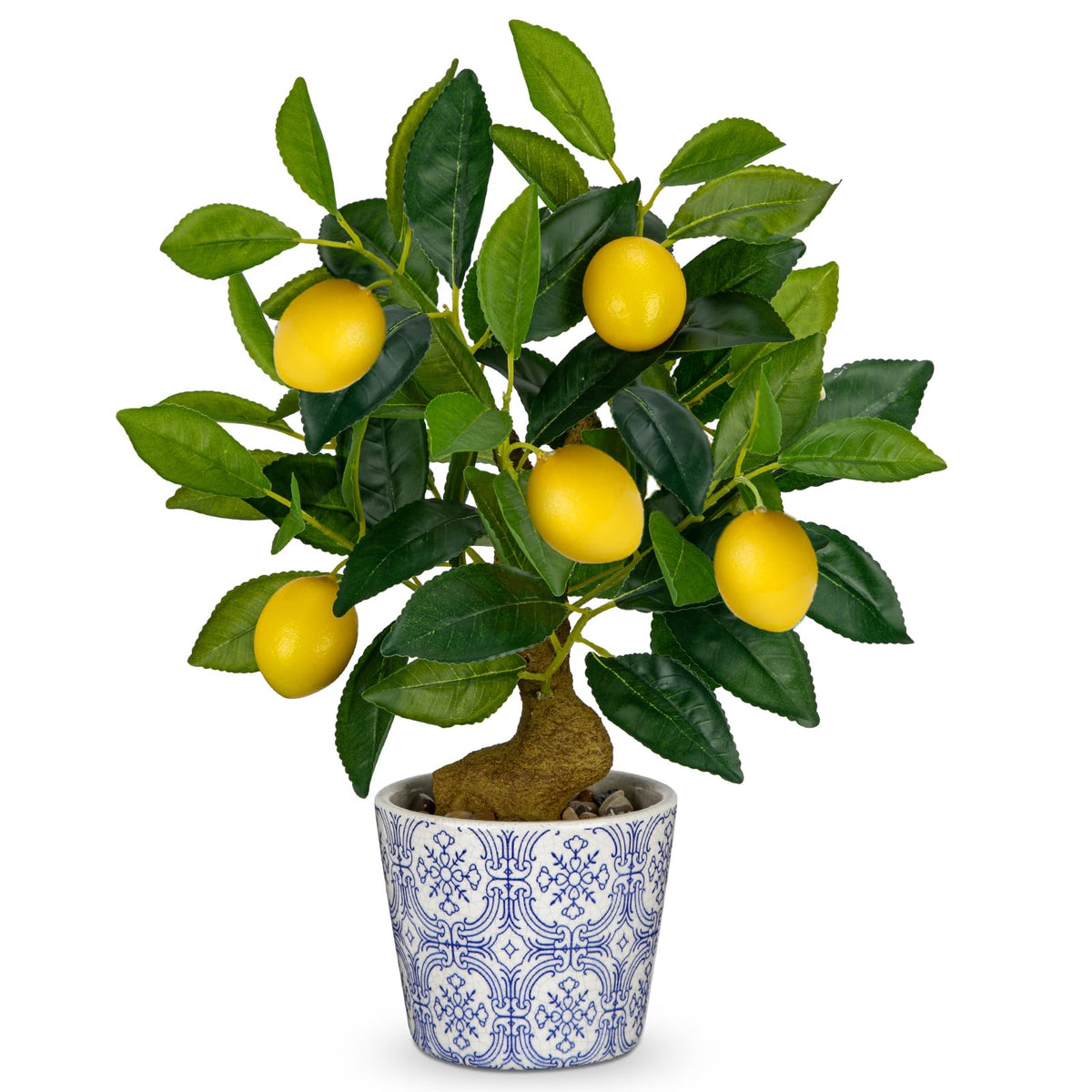 Oairse Lemon Tree in blue white pot shown as lifelike home decor centerpiece
