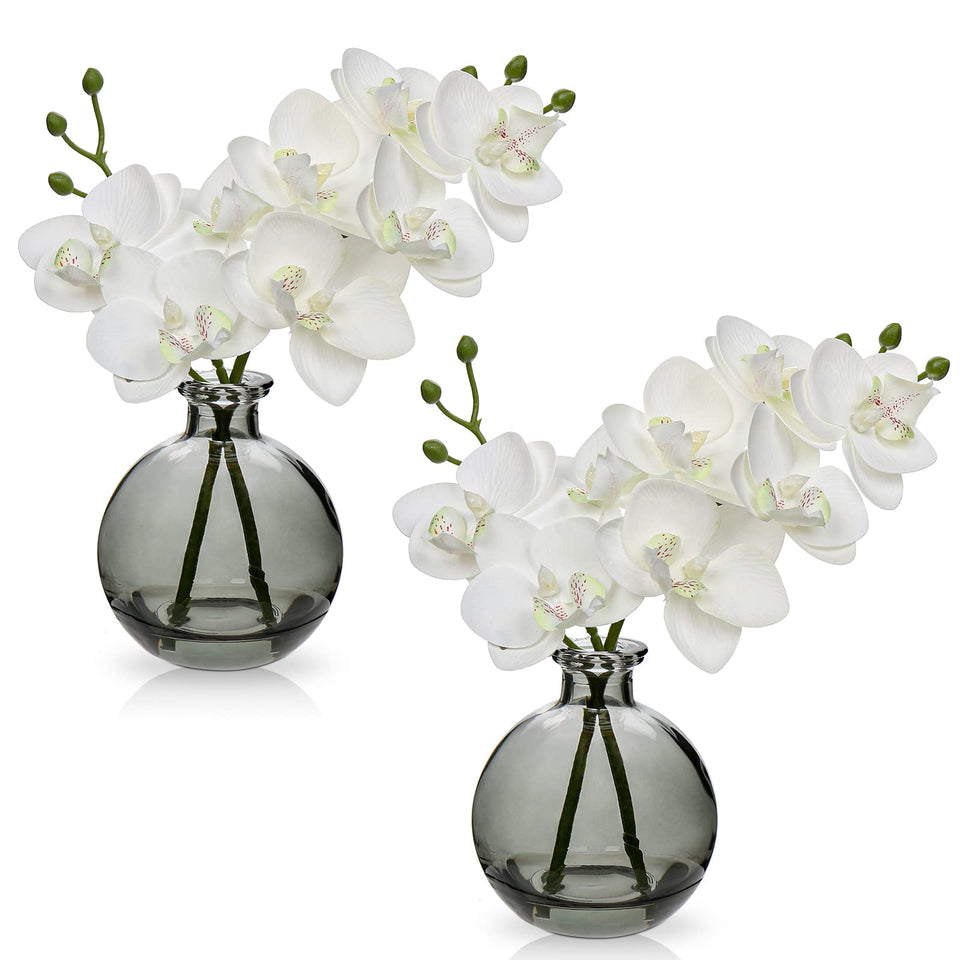 Oairse white orchids artificial two-pack in black glass vases with lifelike blooms for elegant dining decor