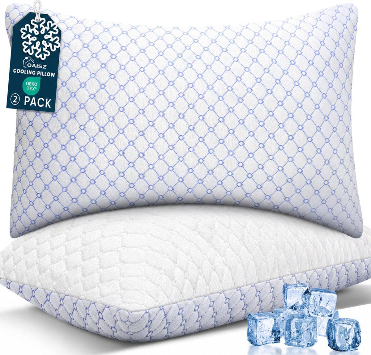 OAISZ cooling pillow queen set 2 on bed shows cooling comfort all night.