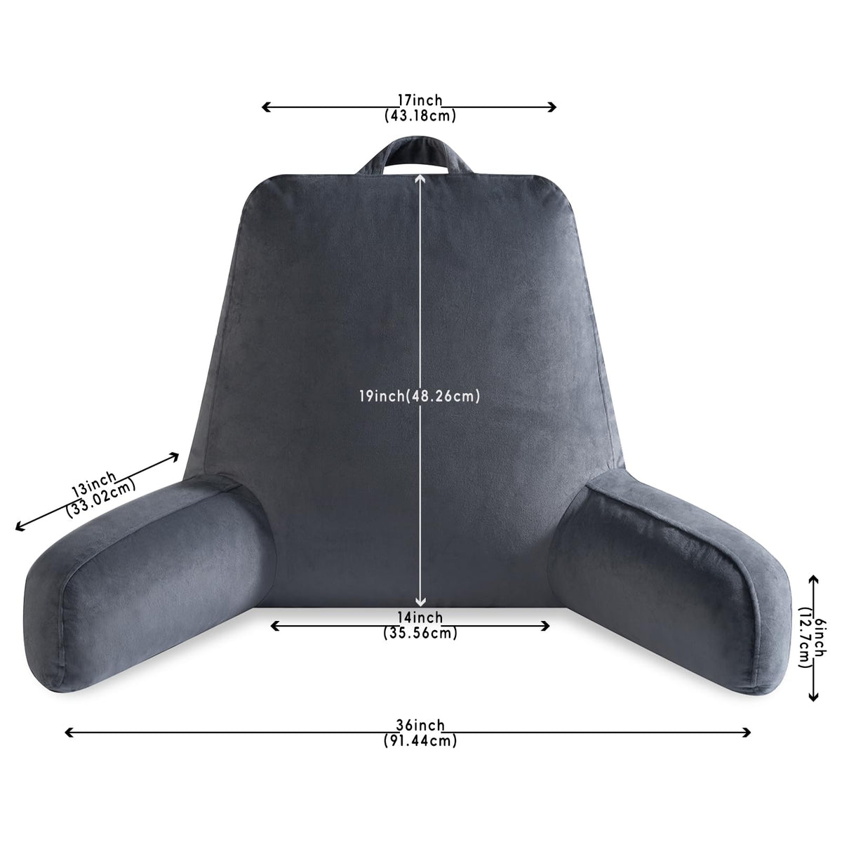 OAISZ Reading Pillow arms extended 13 inches supporting shoulders and neck