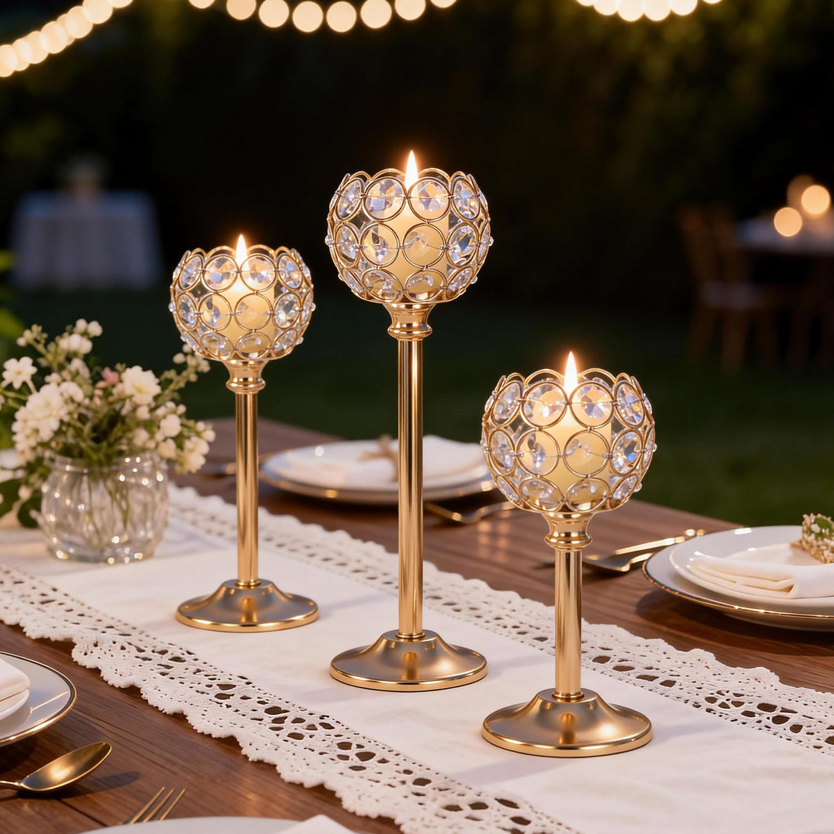 Oakernel gold crystal tealight holder, 10.4-inch height creates tall focal point.