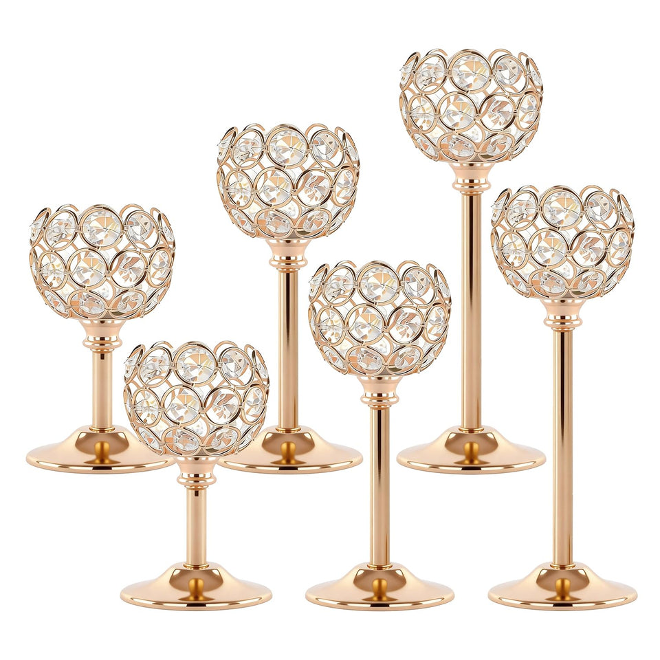 Oakernel gold crystal tealight holder, 6.5-inch height, dramatic table glow.