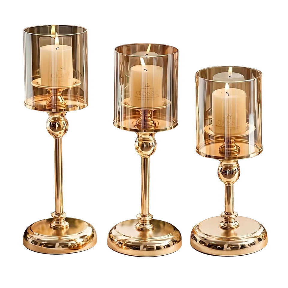 Oakernel gold hurricane holders set of 3 with glass enclosure for elegant indoor centerpieces
