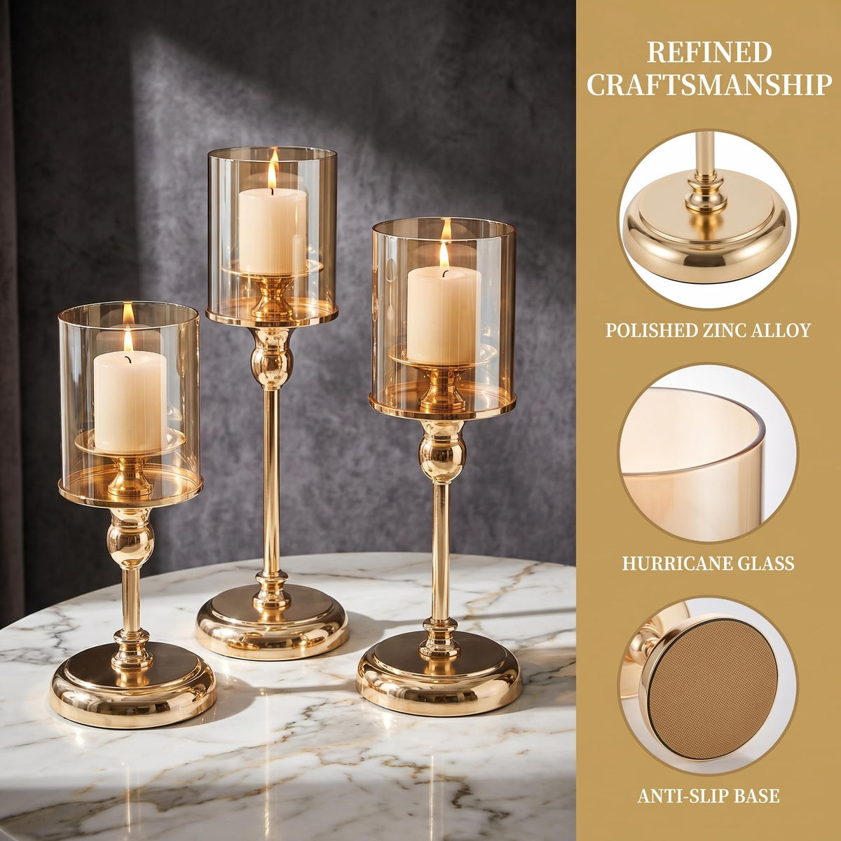 Oakernel gold metal-base candlesticks in three heights create versatile tablescapes