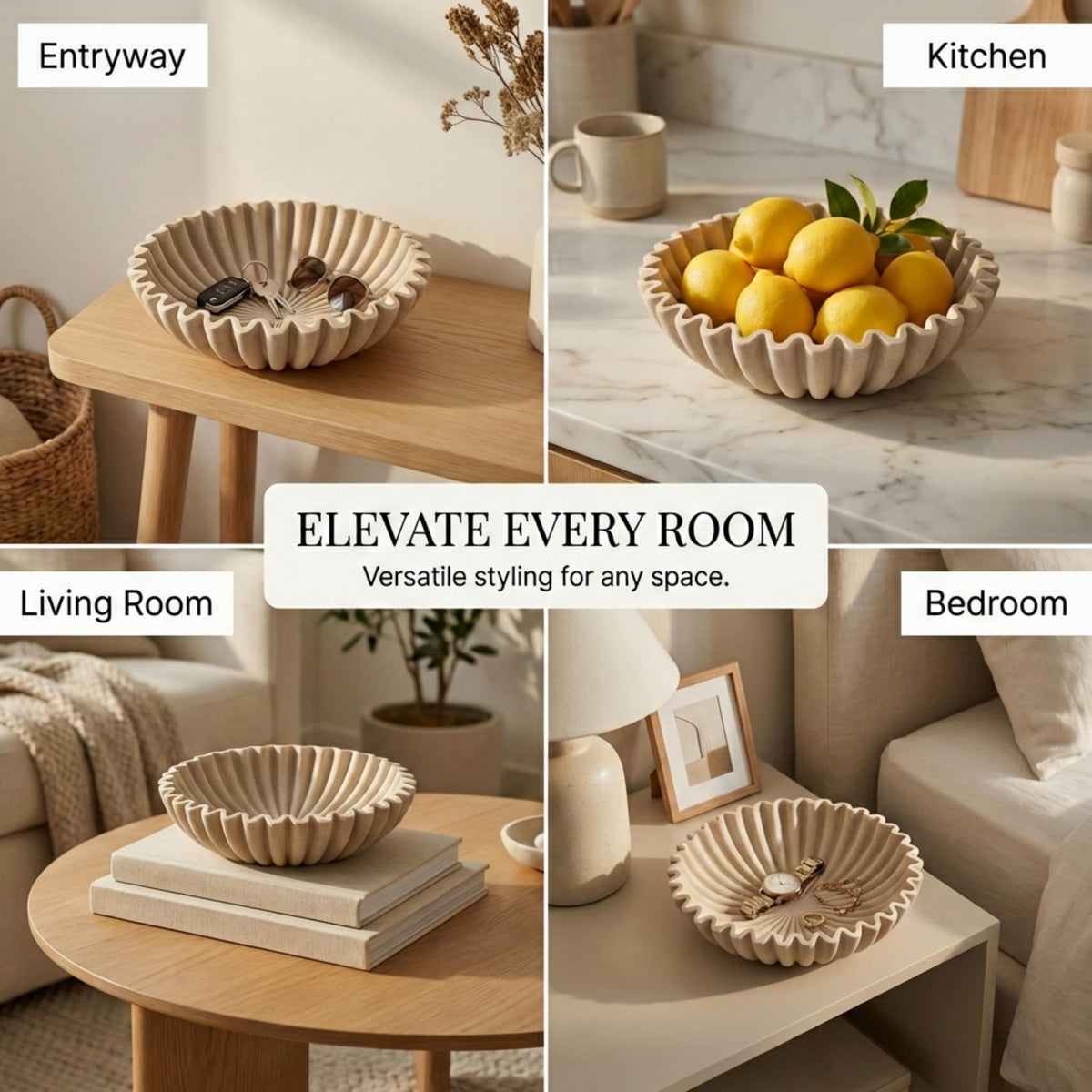 OAKOA beige-finish bowl highlights organic fluted design