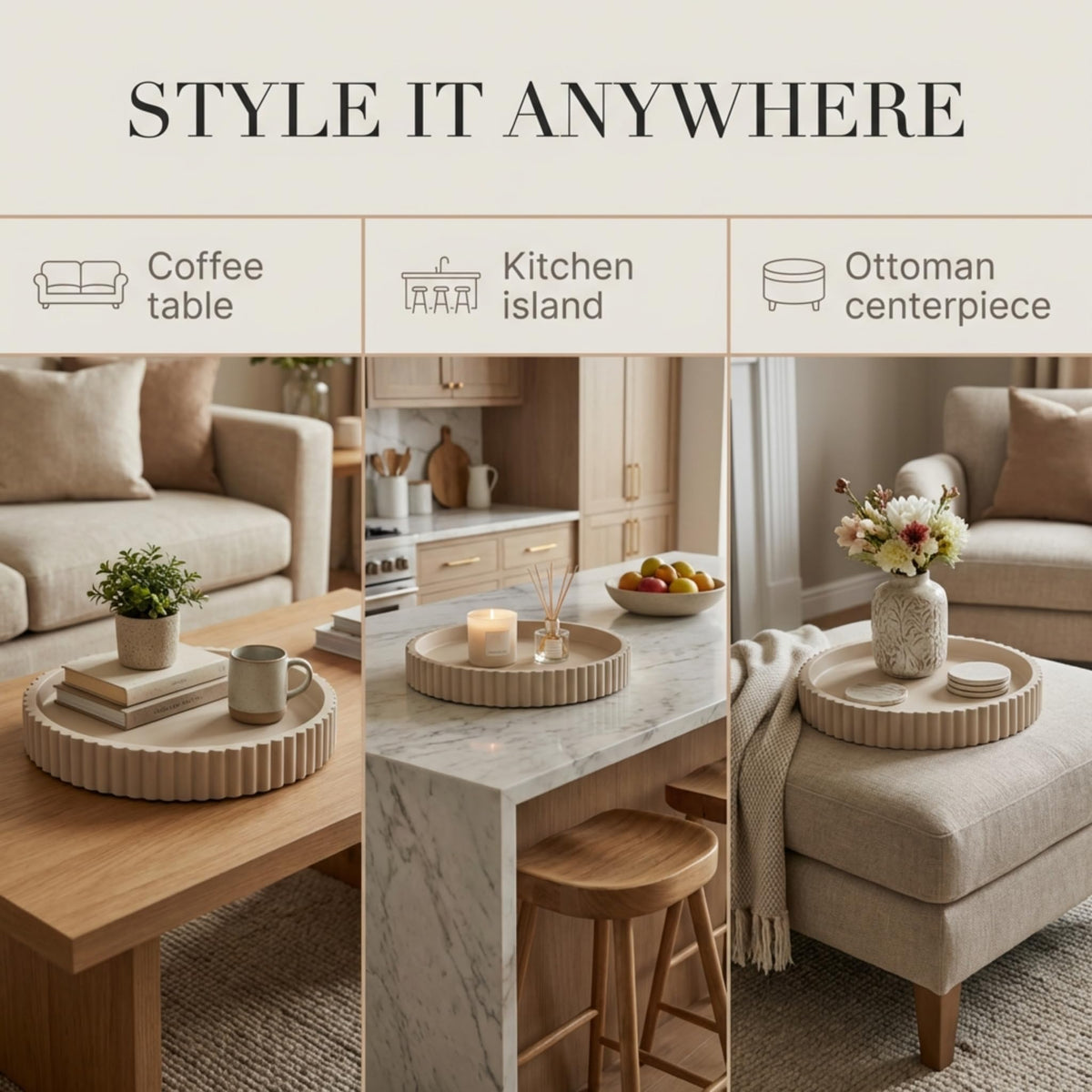 OAKOA round tray displayed on a kitchen island for decor and serving