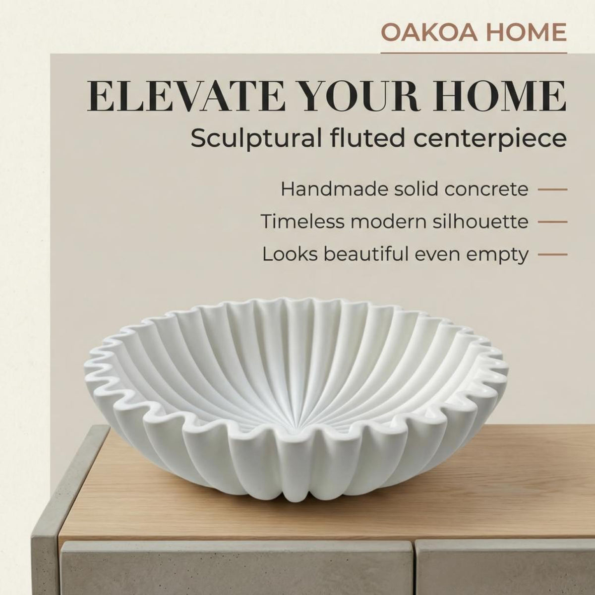 OAKOA scalloped bowl adds organic texture to coffee table decor.