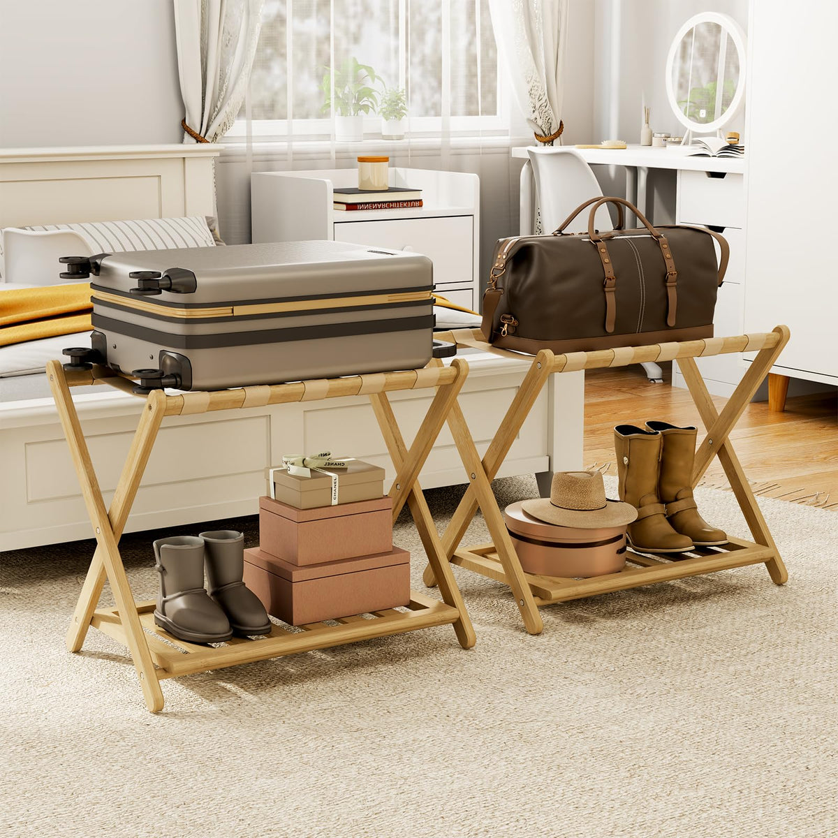 Oakvivo bamboo luggage rack assembled stand for guest rooms.