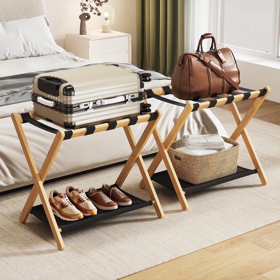 oakvivo bamboo luggage rack fully assembled, perfect for guest room organization.