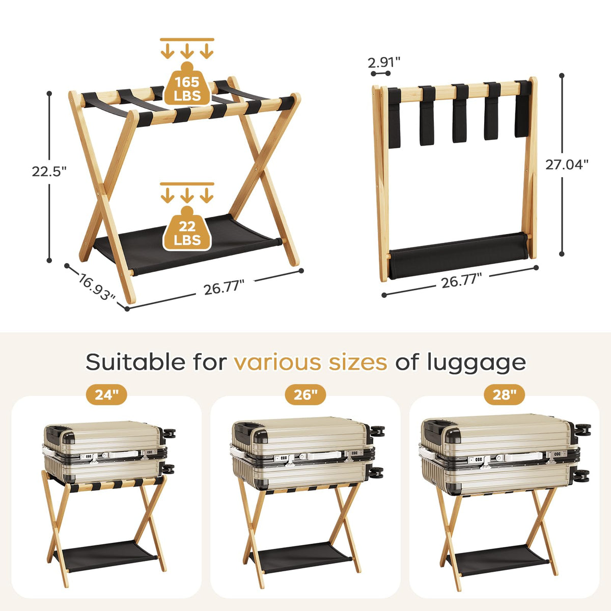 oakvivo foldable luggage rack with fabric shelf for extra storage.