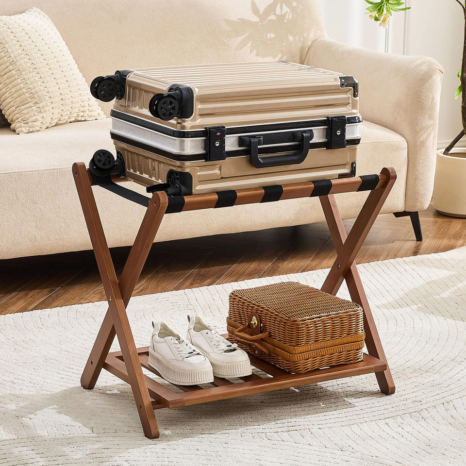 oakvivo fully assembled walnut luggage rack ready for guest room organization