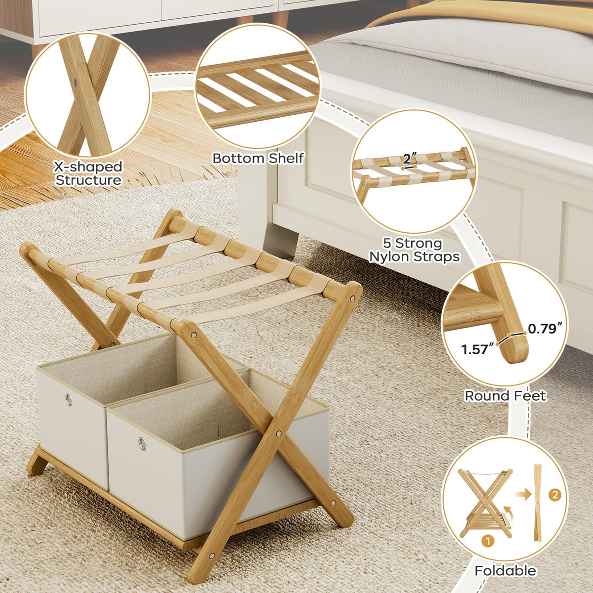 Oakvivo lower shelf holds footwear and travel items with stability.