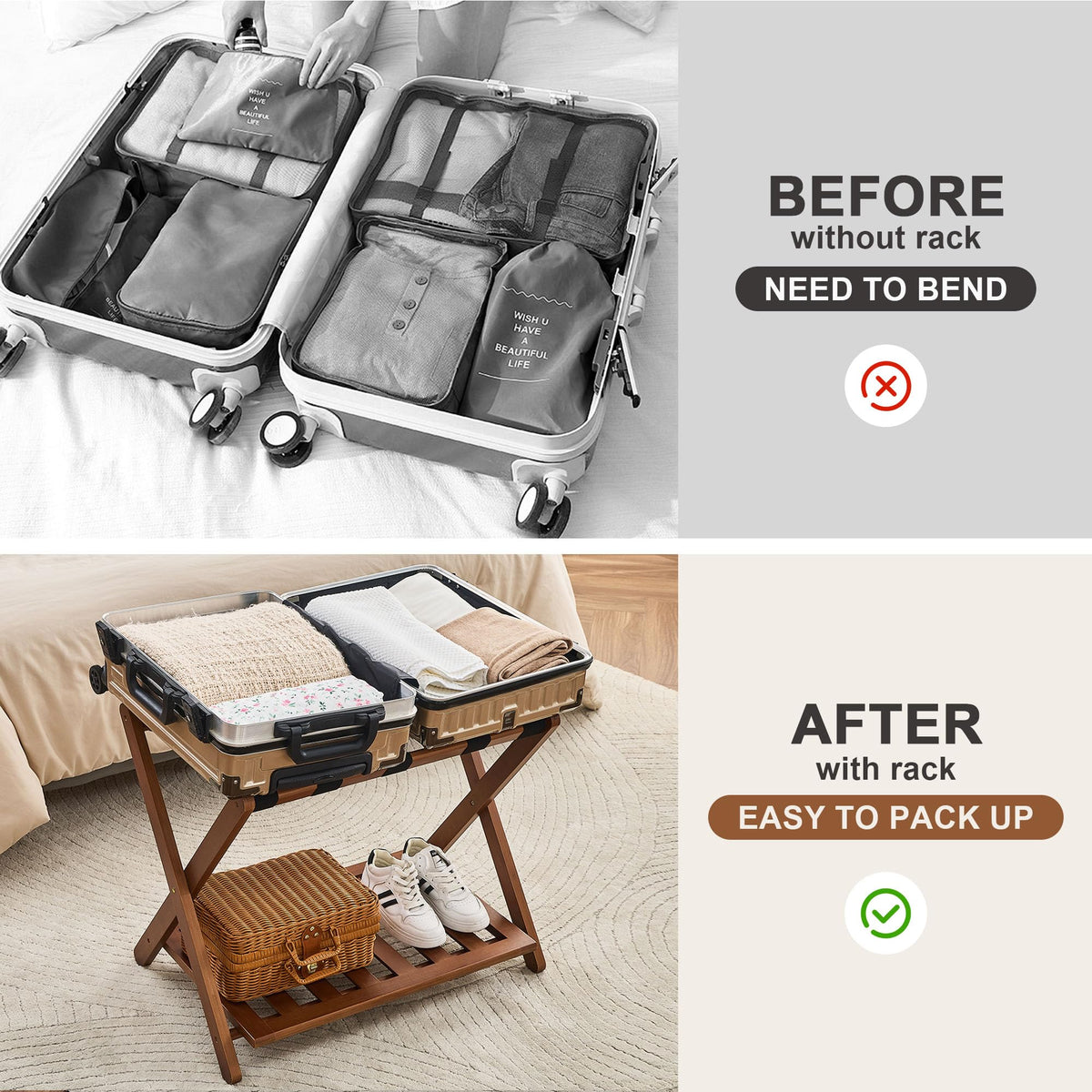 oakvivo luggage rack showcases easy setup and space-saving storage