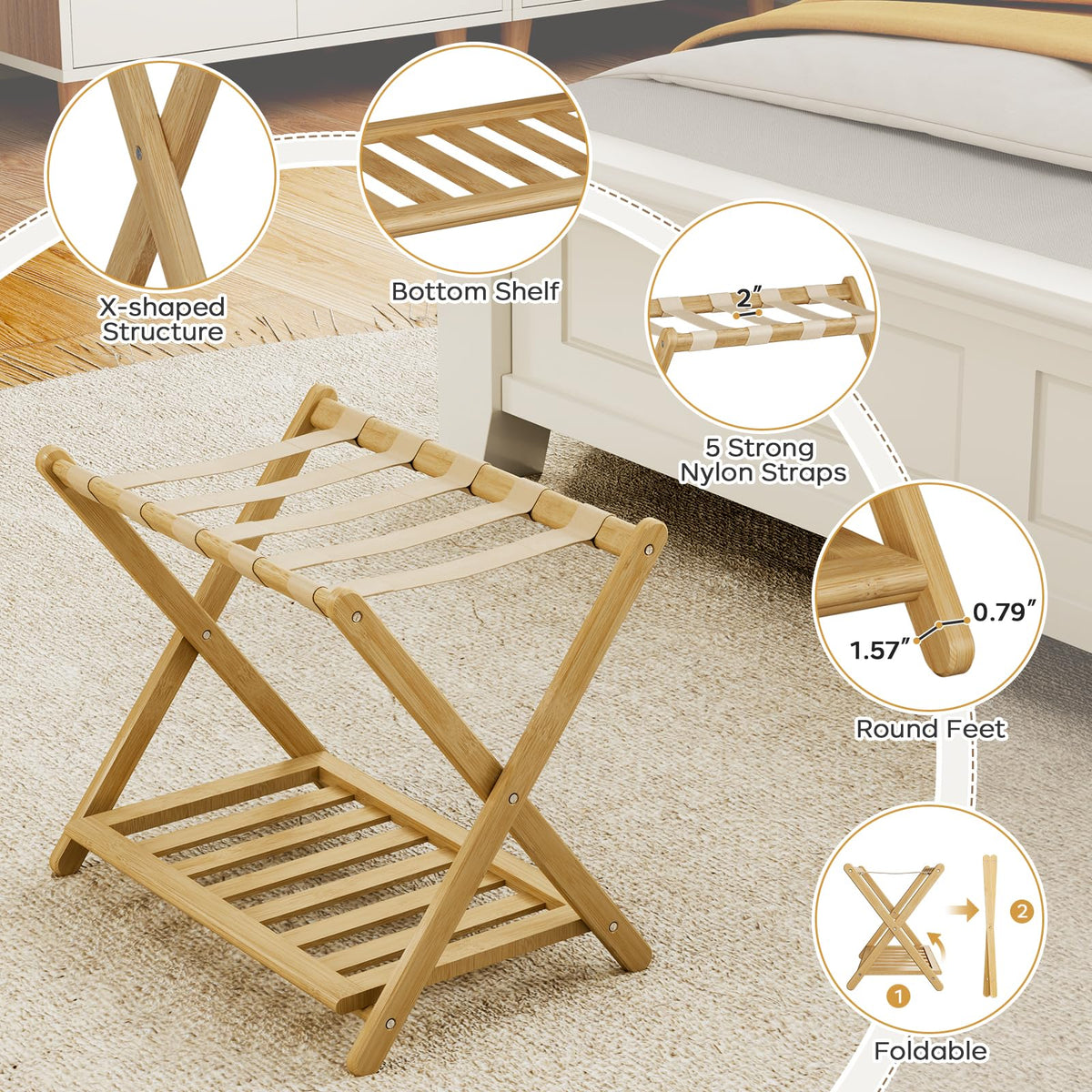 oakvivo luggage rack side view shows space-saving design