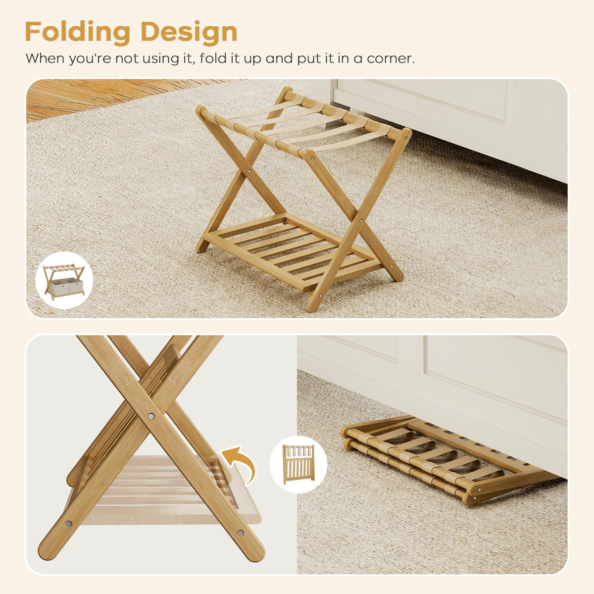 oakvivo luggage rack on bed beside luggage and shoes