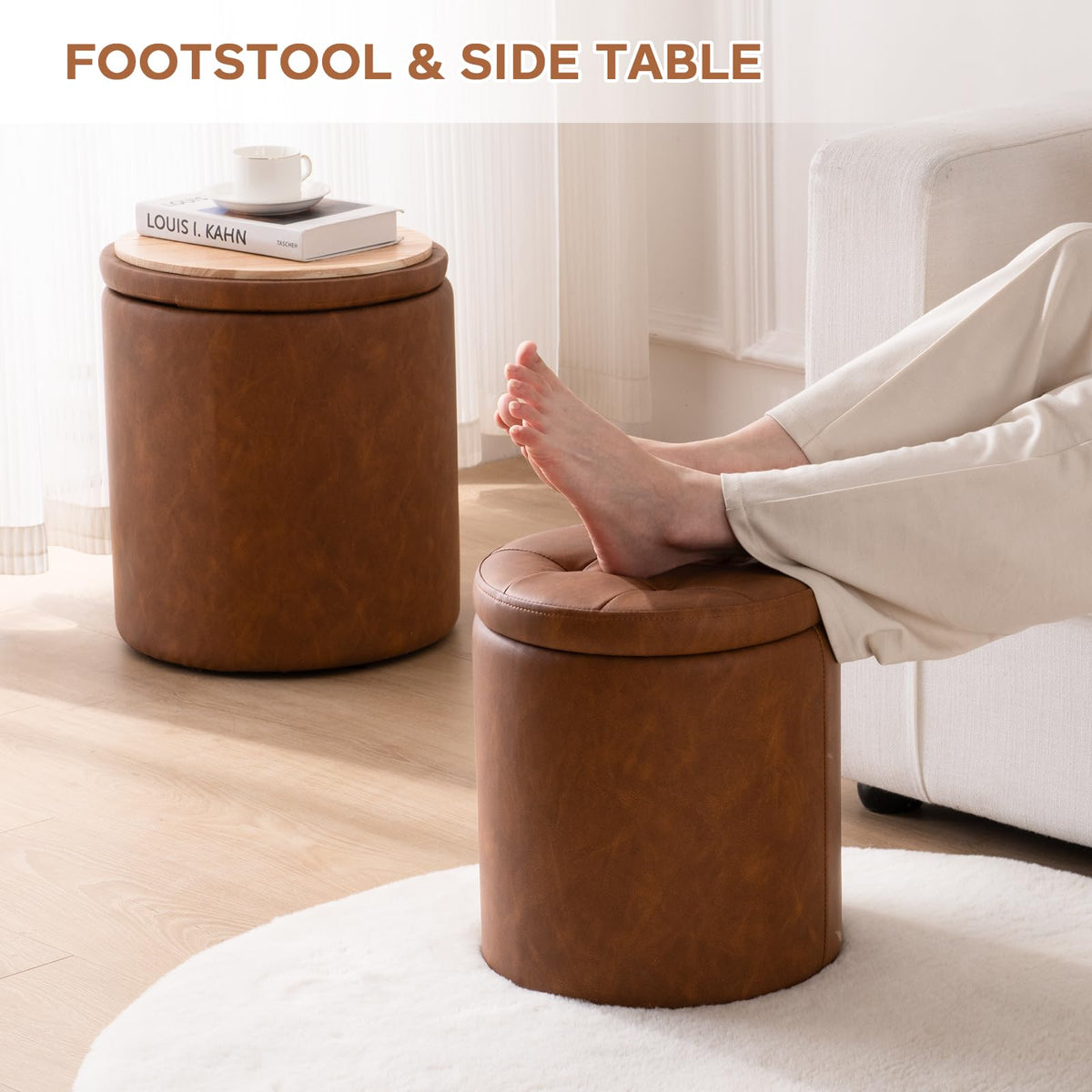 Oakvivo button-tufted faux leather ottoman showing luxurious texture.