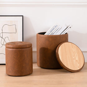 Oakvivo round storage ottoman large lid open for easy blanket storage.